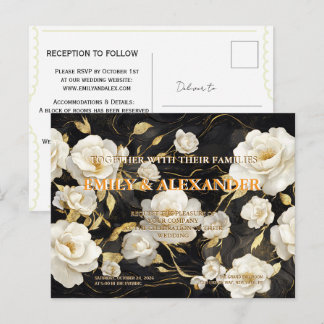 Convite de Casamento Elegante Preto Dourado Flores