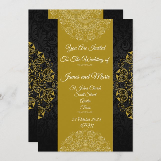 Convite de Casamento Elegante, preto, dourado vint (Frente/Verso)