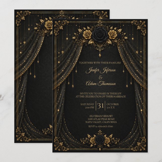 Convite de Casamento Elegante Preto e Dourado (Frente/Verso)