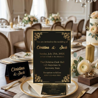 Convite de Casamento Elegante Preto e Dourado