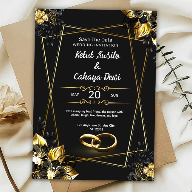 Convite de Casamento Elegante Preto e Dourado (Criador carregado)