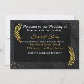 Convite de Casamento Elegante Preto e Dourado com 