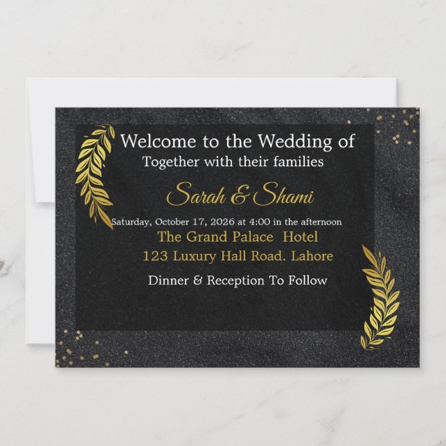 Convite de Casamento Elegante Preto e Dourado com  (Frente)