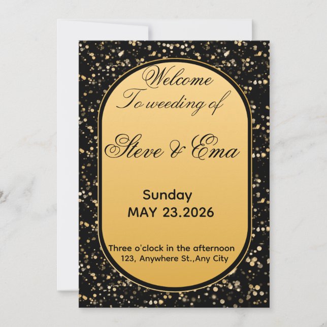 Convite de Casamento Elegante Preto e Dourado | Lu (Frente)