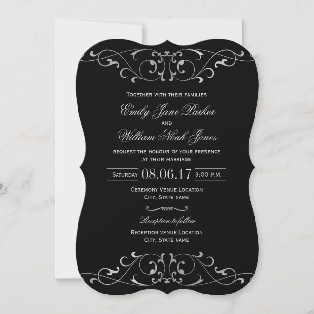 Convite de Casamento Elegante Preto Prata (Frente)