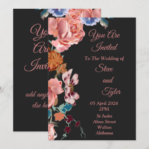 Convite de Casamento Elegante, preto, rosa, azul
