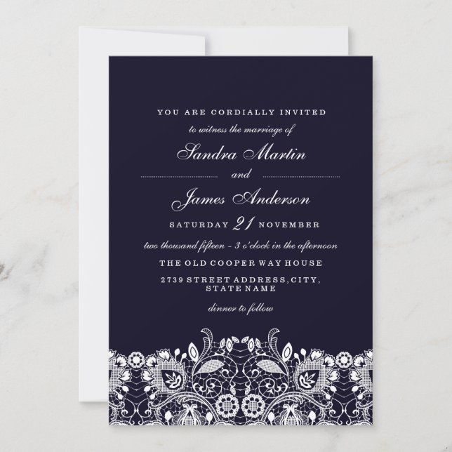 Convite de Casamento Elegante Renda Azul Real Bran (Frente)