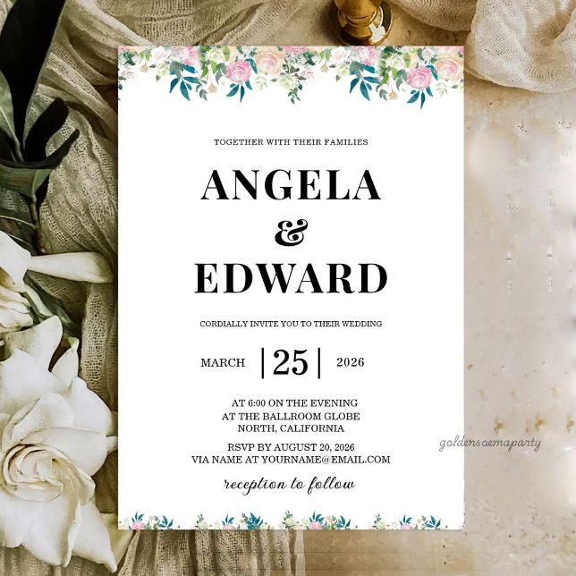Convite de Casamento Elegante Rosa Bege e Azul Mar (Elegant Navy Blush Pink Wedding Invitation
)