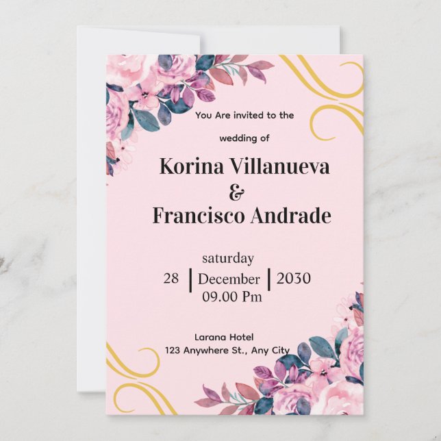Convite de casamento elegante rosa e roxo (Frente)
