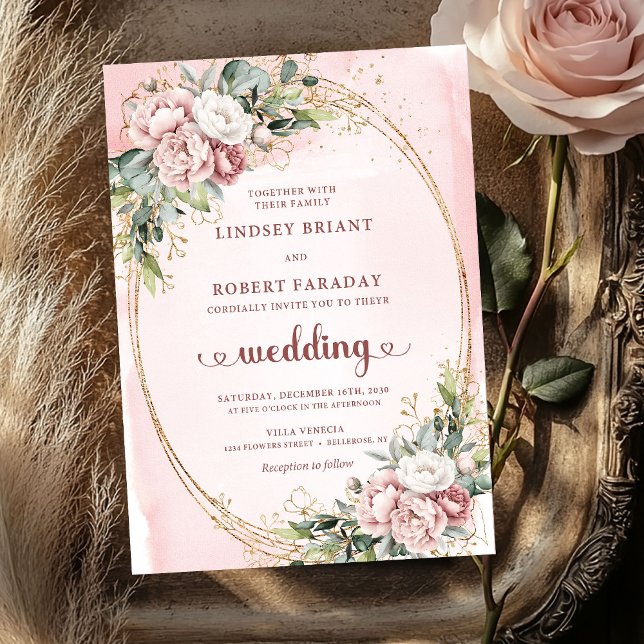Convite de Casamento Elegante Rosa Floral Verde Do (Elegant Blush Floral Greenery Rose Gold Wedding Invite)