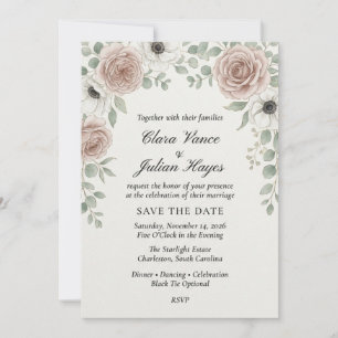 Convite de Casamento Elegante Rosa Rubor & Anêmona