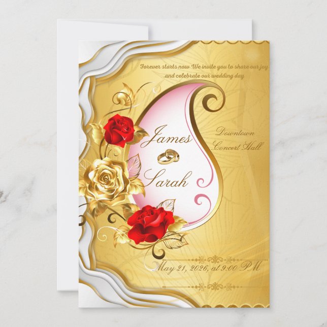 Convite de Casamento Elegante Rosa Vermelha e Dour (Frente)