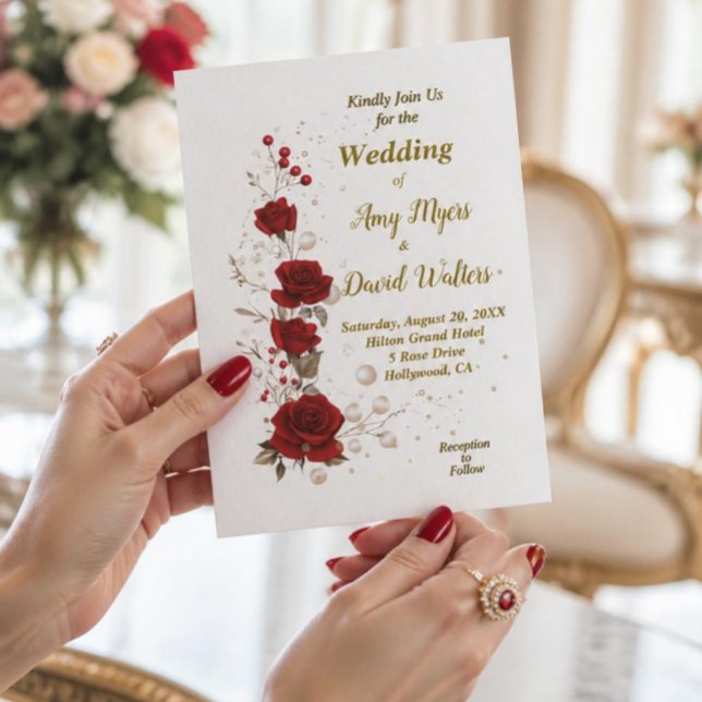 Convite de casamento elegante Rosas Vermelhas e Br (Criador carregado)