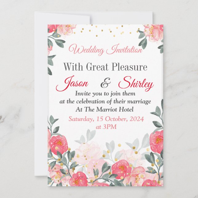 Convite de Casamento Elegante, rosas vermelhas em  (Frente)