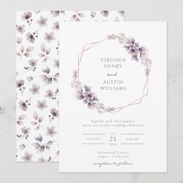 Convite de Casamento Elegante Roxo (Frente/Verso)