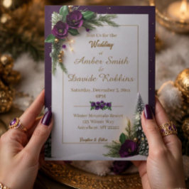 Convite de Casamento Elegante Roxo e Dourado