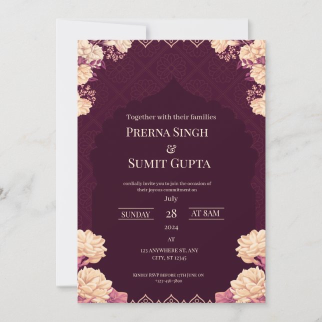 Convite de Casamento Elegante Roxo Escuro (Frente)