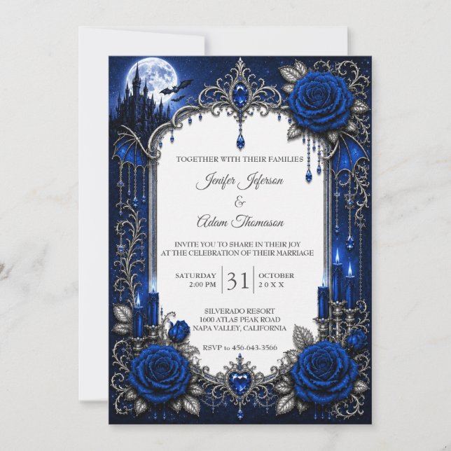Convite de Casamento Elegante Royal Blue Gótico (Frente)