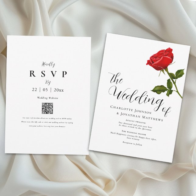 Convite de Casamento Elegante Simples Rosa Vermelh (Elegant simple watercolor single red rose wedding qr code invitation romantic script watercolor )