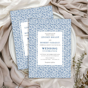 Convite de Casamento Elegante Toile de Jouy Azul V