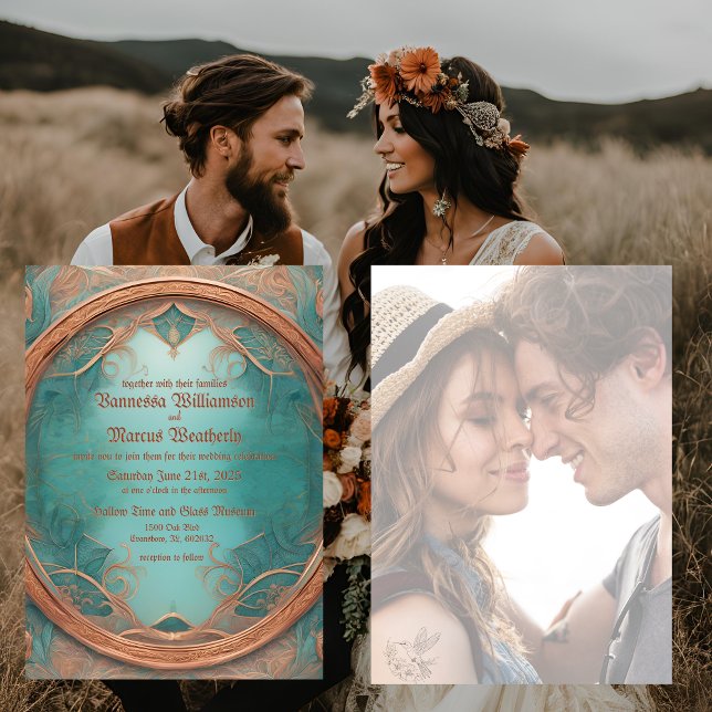 Convite de Casamento Elegante Turquesa Cobre (Criador carregado)