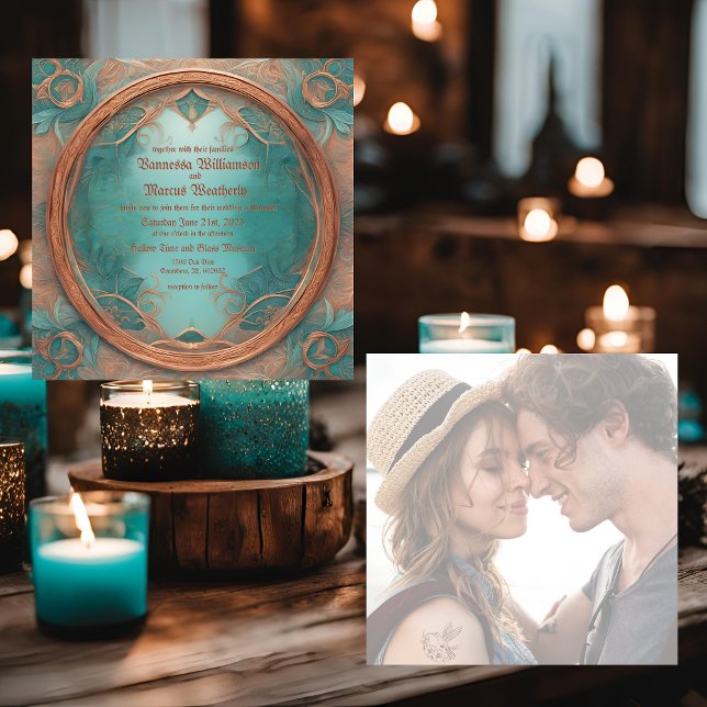 Convite de Casamento Elegante Turquesa Cobre (Criador carregado)