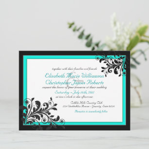 Convite de Casamento Elegante Turquesa Preto