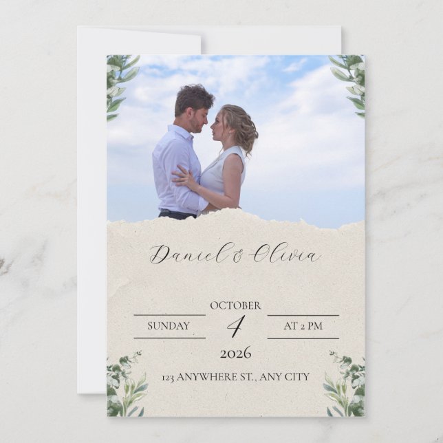 Convite de Casamento Elegante Verde e Branco (Frente)
