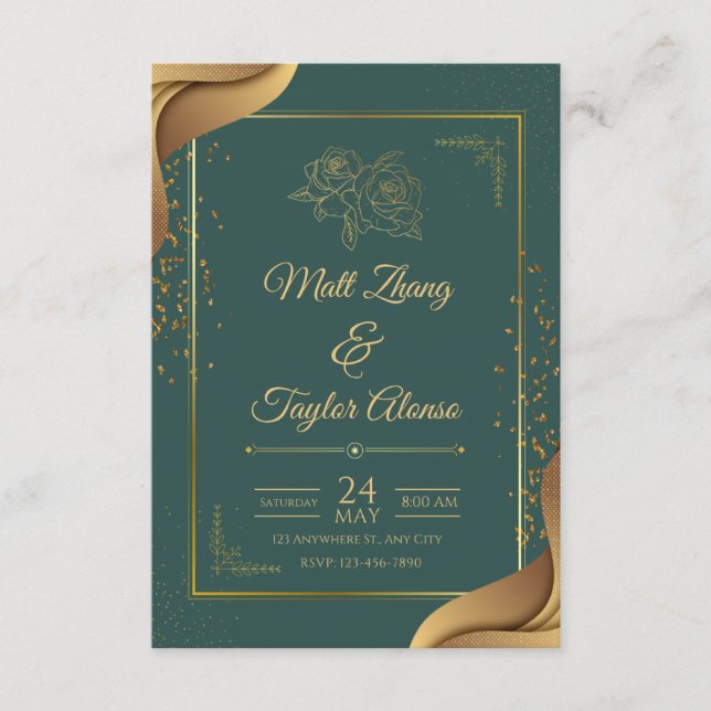 Convite de Casamento Elegante Verde e Dourado (Frente)