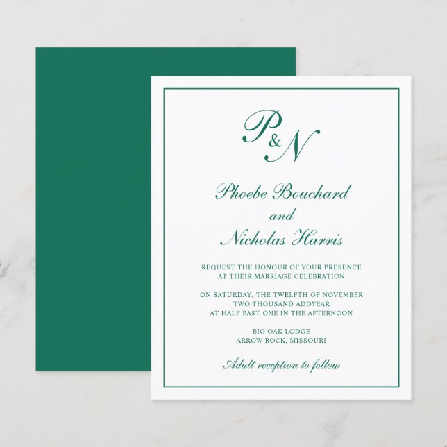 Convite de Casamento Elegante Verde Esmeralda Econ (Frente/Verso)