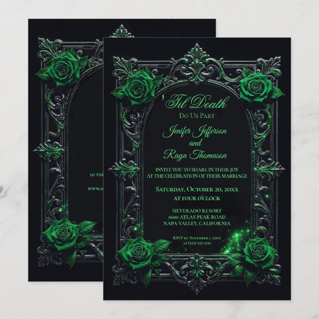 convite de casamento Elegante Verde Gótico (Frente/Verso)