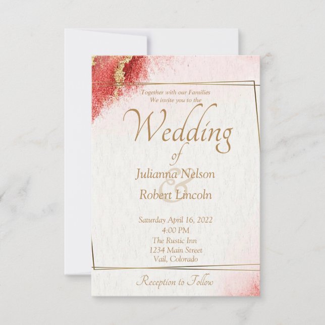 Convite de casamento elegante vermelho e dourado (Frente)