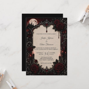 Convite de Casamento Elegante Vermelho Vintage Gót