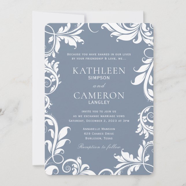Convite de Casamento Elegante | Vinhas (Azul Empoe (Frente)