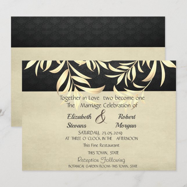 Convite de Casamento Elegante Vintage Folhas Doura (Frente/Verso)
