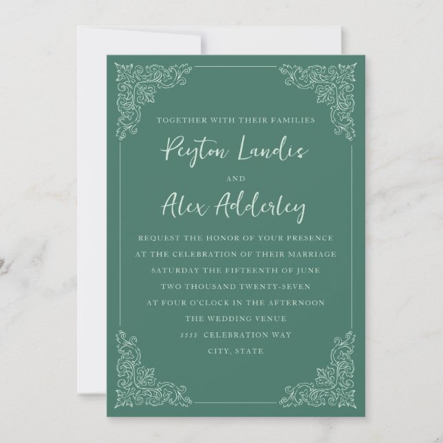 Convite de Casamento Elegante Vintage Verde Branco (Frente)