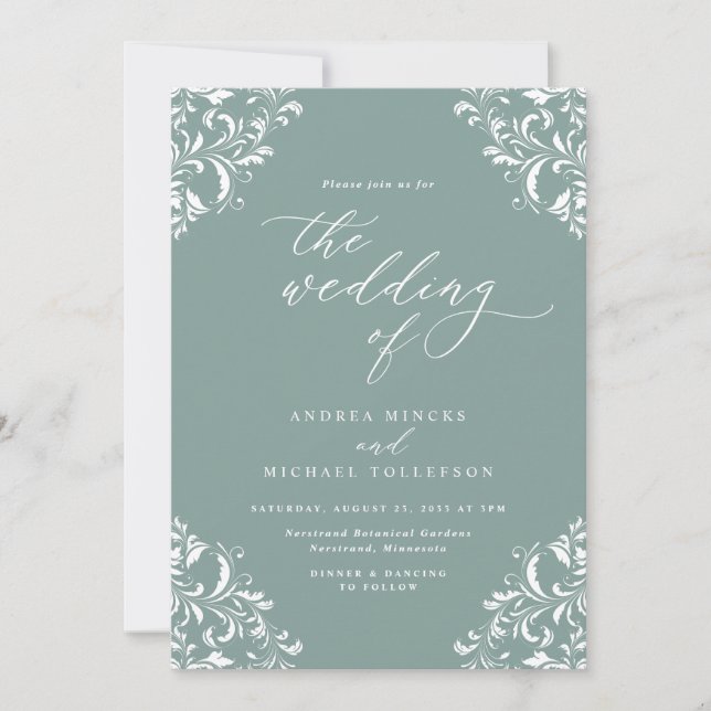 Convite de Casamento Elegante Vintage Verde Mar (Frente)