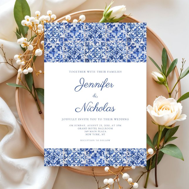 Convite de Casamento Elegantes Azulejos Mediterrân (Criador carregado)