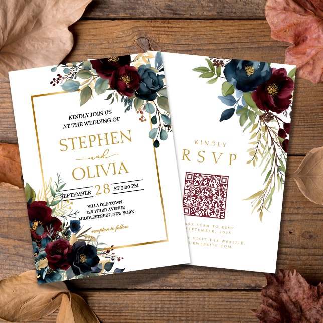Convite de casamento Elegantes Flores Burgundy QR  (Criador carregado)