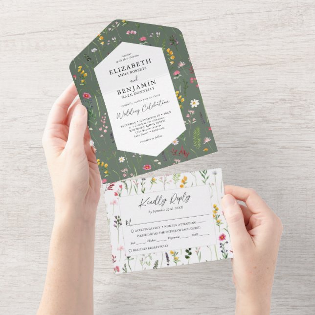 Convite de Casamento Elegantes Flores Silvestres T (Aba destacável)
