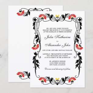 Convite de Casamento Elegantes Folhas Flores e Ond