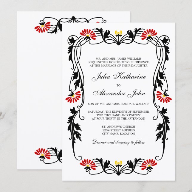 Convite de Casamento Elegantes Folhas Flores e Ond (Frente/Verso)