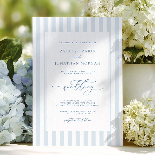 Convite de Casamento Elegantes Listras Azuis (Criador carregado)