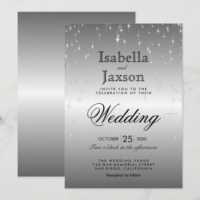 Convite de Casamento Elegantes Luzes de Estrela Pr (Frente/Verso)
