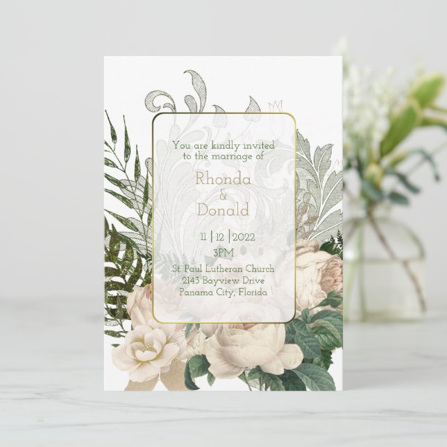Convite de Casamento Elegantes Rosas de Marfim (Em pé/Frente)