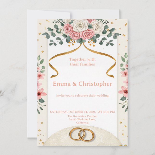Convite de Casamento Elegantes Rosas Rosa (Frente)