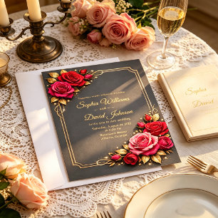 Convite de Casamento Elegantes Rosas Vermelhas e R