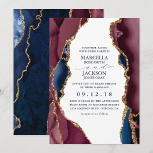 Convite de Casamento em Ágata Azul Marinho, Burgun