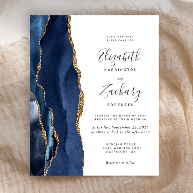 Convite de Casamento em Ágata Azul Naval Dourado E (Criador carregado)
