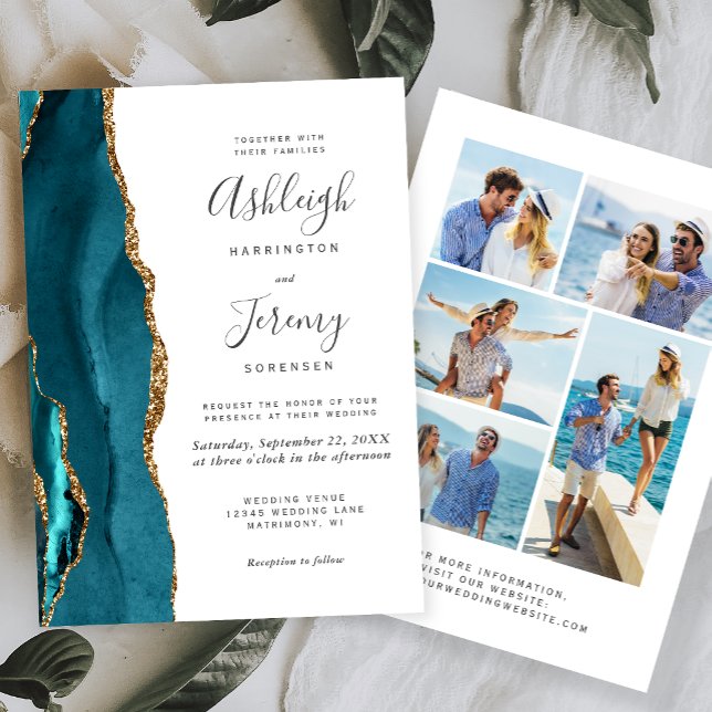 Convite de Casamento em Ágata Azul Teal Dourado co (Criador carregado)